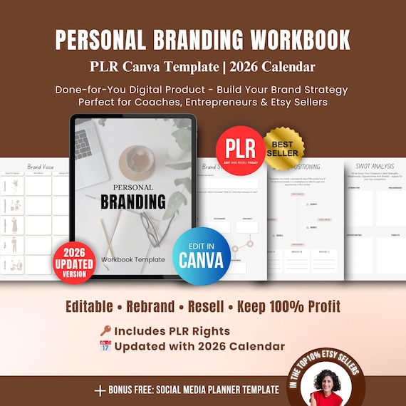 Personal Branding Workbook with PLR, Small Business Branding Planner DFY Canva Template, 2026 Calendar Editable Digital Download Etsy Seller