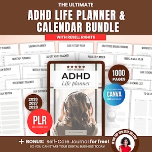 1000 ADHD Life Planner & Calendar Bundle PDF, Editable Canva Templates, Printable Productivity Journal, PLR Resell Rights, Etsy Sellers