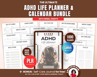 1000 ADHD-levensplanner en kalenderbundel pdf, bewerkbare canva-sjablonen, afdrukbaar productiviteitsdagboek, PLR-wederverkooprechten, Etsy-verkopers