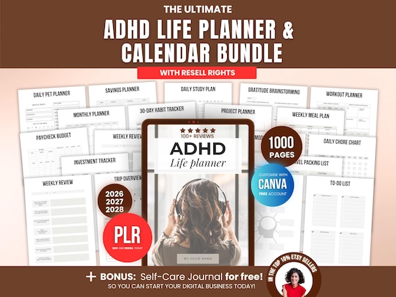 1000 ADHD Life Planner & Calendar Bundle PDF, Editable Canva Templates, Printable Productivity Journal, PLR Resell Rights, Etsy Sellers