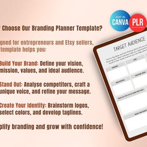 Brand strategy planner template for small business owners and Etsy sellers, Canva editable personal branding workbook with PLR rights to define mission, vision, target audience, brand voice and identity