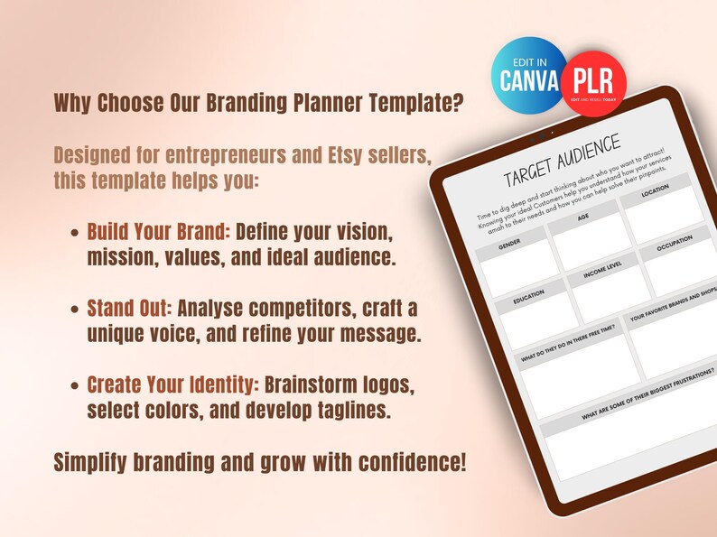 Brand strategy planner template for small business owners and Etsy sellers, Canva editable personal branding workbook with PLR rights to define mission, vision, target audience, brand voice and identity