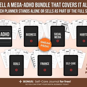 Mega ADHD planner bundle preview displaying separate planner sections including ADHD life planner, business planner, social media planner, habits tracker, goals planner, finance planner and self-care planner, printable and Canva editable with private label rights for resale.