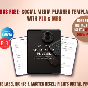 Bonus social media planner Canva template with PLR and MRR included, 130 plus pages content planner for Instagram, Facebook, Pinterest and TikTok, editable digital product to rebrand and resell