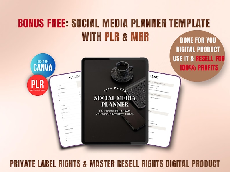 Bonus social media planner Canva template with PLR and MRR included, 130 plus pages content planner for Instagram, Facebook, Pinterest and TikTok, editable digital product to rebrand and resell