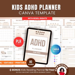 Kids ADHD Planner Canva Template with PLR resell rights, 80-page digital and printable planner for children, editable in Canva and ready for Etsy sellers to rebrand and resell for profit.