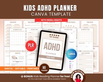 Kids ADHD Planner Canva Template PLR, Editable Printable ADHD Planner for Kids, Digital Download, Resell Rights, Done For You Etsy Product