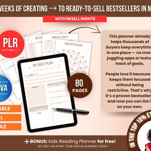Editable Kids ADHD digital planner with PLR rights shown on tablet, 80 printable pages including daily plan, monthly goals, emotion tracker, and checklist, ready-to-sell for digital product businesses.