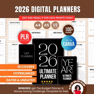 Plantillas de planificadores digitales 2026 (Canva) editables con PLR, planificador de vida definitivo con y sin fecha, paquete de calendario 2026 DFY con derechos de reventa.