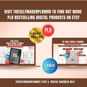 May include: Image promoting digital products on Etsy. Two laptops display a 300-page social media planner and a 70-page travel planner. The text reads "VISIT THESELFMADERPLRMRR TO FIND OUT MORE PLR BESTSELLING DIGITAL PRODUCTS ON ETSY."