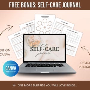 Free bonus 2026 Self-Care Journal included with ADHD planner PLR bundle, printable and Canva editable digital journal with self-care goals, positive thinking worksheets and activity calendar, perfect for Etsy digital product sellers.