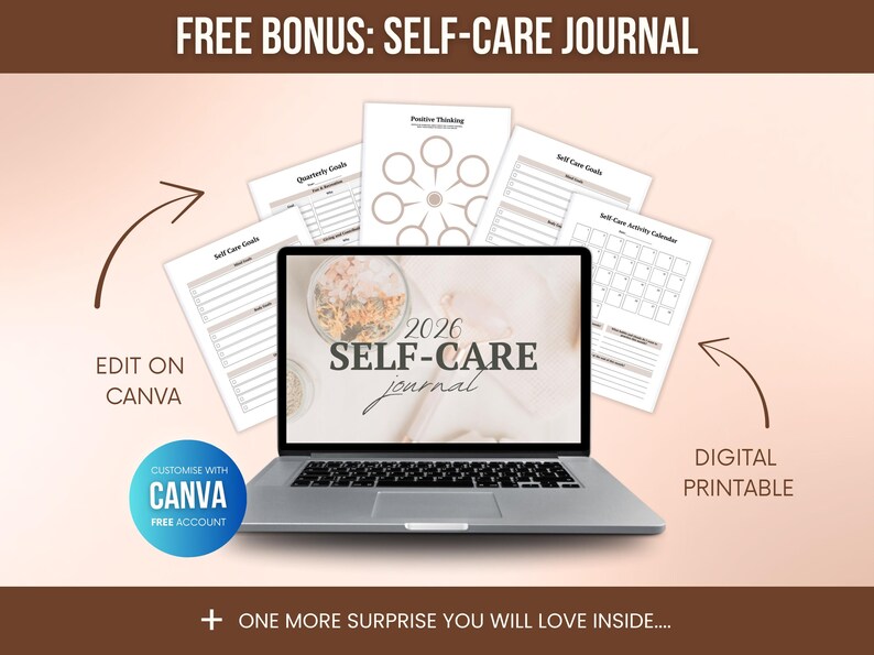Free bonus 2026 Self-Care Journal included with ADHD planner PLR bundle, printable and Canva editable digital journal with self-care goals, positive thinking worksheets and activity calendar, perfect for Etsy digital product sellers.