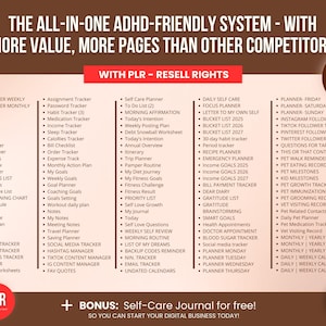 All-in-one ADHD life planner system with over 1000 printable and digital pages including mood tracker, savings tracker, debt tracker, content planner, income tracker, self-care journal, calendar 2026–2028 and undated planners, fully editable in Canva with PLR resell rights.