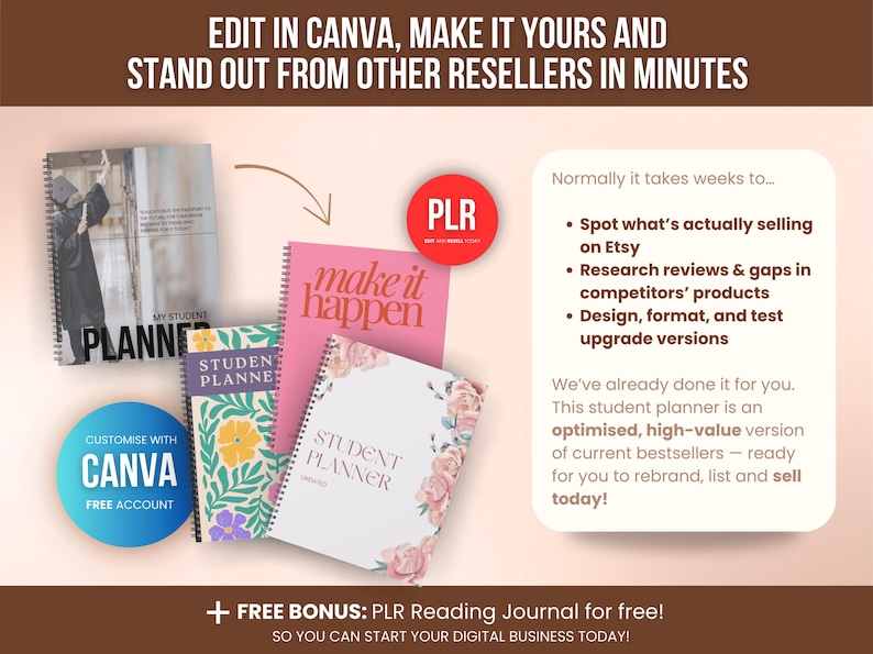 Rebrandable Student Planner PLR Canva template, fully editable digital planner to customize and sell as your own printable product, ideal for Pinterest traffic and Etsy passive income sellers