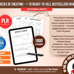 ADHD Life Planner PLR digital product bundle showing printable, digital and editable Canva planner templates with 1000 pages, designed for Etsy sellers to rebrand and resell for 100% profit, includes workout planner, Pomodoro worksheet, goal tracker and productivity pages.