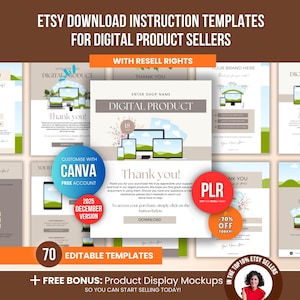 70 Etsy Download Instruction Templates Bundle, Editable Canva Template For Digital Product Delivery & Thank You Pages With PLR Resell Rights