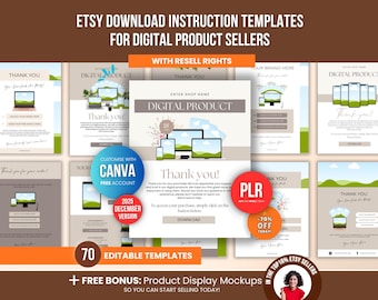 Paquete de 70 plantillas de instrucciones de descarga de Etsy, plantilla de Canva editable para entrega de productos digitales y páginas de agradecimiento con derechos de reventa PLR.