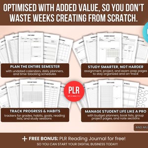 100 page academic Student Planner PLR bundle with study trackers, assignment planners, exam prep worksheets and habit trackers, Canva editable digital product for PLR sellers and online business owners