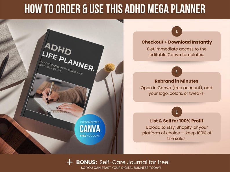 1000 ADHD Life Planner & Calendar Bundle PDF, Editable Canva Templates, Printable Productivity Journal, PLR Resell Rights, Etsy Sellers image 10