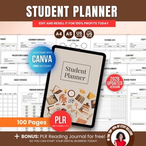 PLR 100-Seiten-Studentenplaner-Paket für College- und Universitätsschüler, digital druckbarer Canva bearbeitbarer PLR-College-Studenten-akademisch Planer