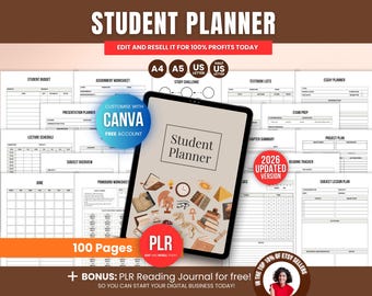 PLR 100-pagina studentplannerbundel voor hogeschool- en universiteitsstudenten, digitale afdrukbare canva bewerkbare PLR student academische planner