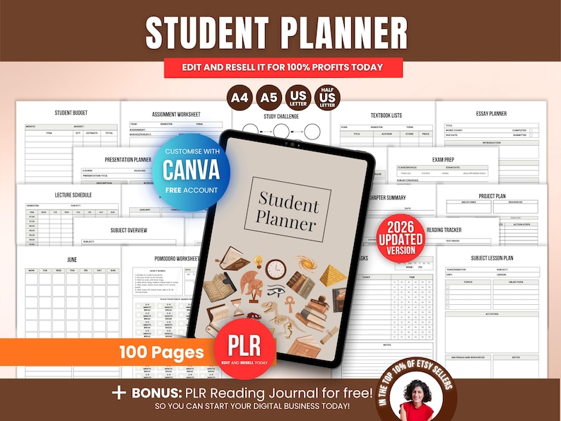 100 page Student Planner PLR Canva template bundle for digital product sellers, editable printable academic planner with full PLR rights to rebrand and resell for 100% profit, perfect for PLR digital business owners who want to make money online