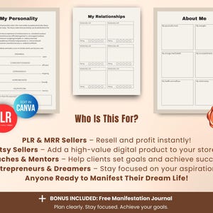 Editable vision board workbook pages for self reflection, personality assessment and relationships, Canva vision board journal template for manifestation and mindset work