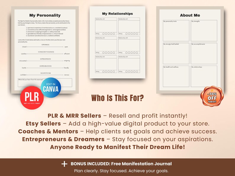 Editable vision board workbook pages for self reflection, personality assessment and relationships, Canva vision board journal template for manifestation and mindset work