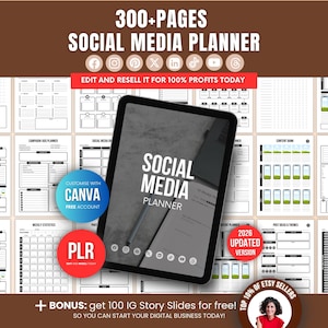 300 Page Social Media Planner Bundle: Editable Canva Templates, Printable Content Calendar Kit, PLR Resell Rights, Social Media Marketing