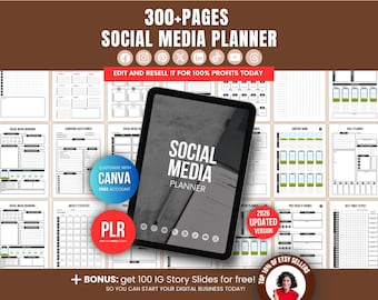 300 Page Social Media Planner Bundle: Editable Canva Templates, Printable Content Calendar Kit, PLR Resell Rights, Social Media Marketing