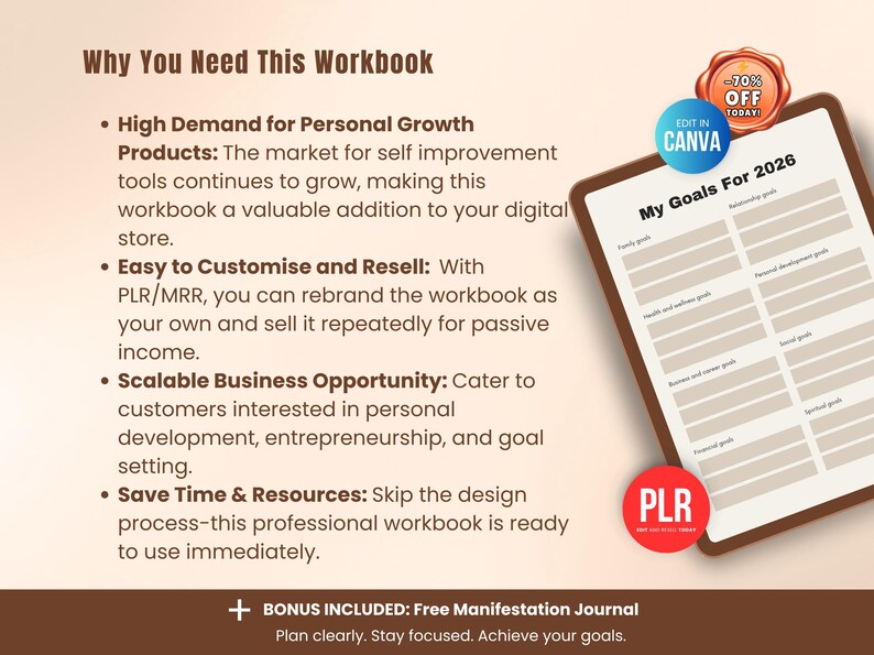 Vision board workbook explaining benefits of personal growth, manifestation and goal setting, editable Canva template with PLR rights for digital product sellers and Etsy shop owners