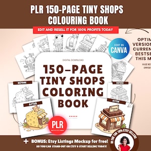 PLR 150-Page Tiny Shops Colouring Book, Editable Canva Template, PLR Resell Rights, Kawaii Cute Shops Colouring Pages Bundle, PLR Download