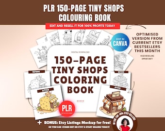 Libro da colorare PLR Tiny Shops da 150 pagine, modello Canva modificabile, diritti di rivendita PLR, pacchetto di pagine da colorare Kawaii Cute Shops, download PLR