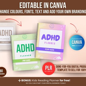 Kids ADHD planner Canva template displayed in multiple colour variations, showing how sellers can change fonts, colours, and branding before reselling as their own digital download.