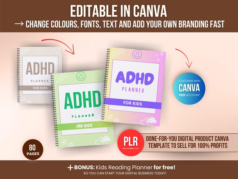 Kids ADHD planner Canva template displayed in multiple colour variations, showing how sellers can change fonts, colours, and branding before reselling as their own digital download.