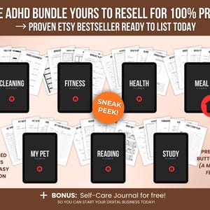 1000-page ADHD planner PLR bundle showing additional sections such as cleaning planner, fitness planner, health tracker, meal planner, pet planner, reading planner and study planner, hyperlinked digital PDF with printable pages and resale rights for Etsy and online stores.