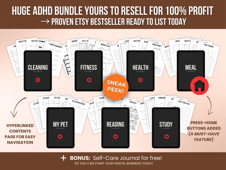 1000-page ADHD planner PLR bundle showing additional sections such as cleaning planner, fitness planner, health tracker, meal planner, pet planner, reading planner and study planner, hyperlinked digital PDF with printable pages and resale rights for Etsy and online stores.