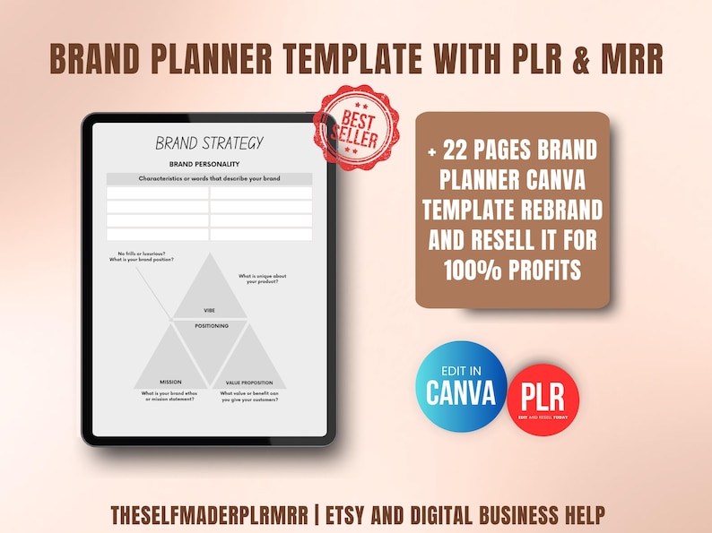 Brand planner template with PLR and MRR rights, 22 page Canva editable branding workbook for small business owners, coaches and Etsy sellers to resell for 100 percent profit