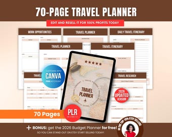 70 pagina's reisplanner afdrukbare canvassjabloon met PLR doorverkooprechten, paklijst vakantieroute & bewerkbaar budgetdagboek, reisplan