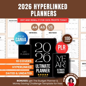 2026 Hyperlinked Digital Planner Bundle PLR, Canva A4 A5 US Letter, Dated & Undated GoodNotes Templates, DFY Digital Product to Sell on Etsy