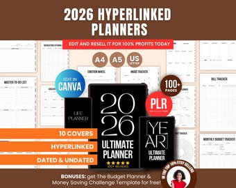 2026 Hyperlinked Digital Planner Bundle PLR, Canva A4 A5 US Letter, Dated & Undated GoodNotes Templates, DFY Digital Product to Sell on Etsy