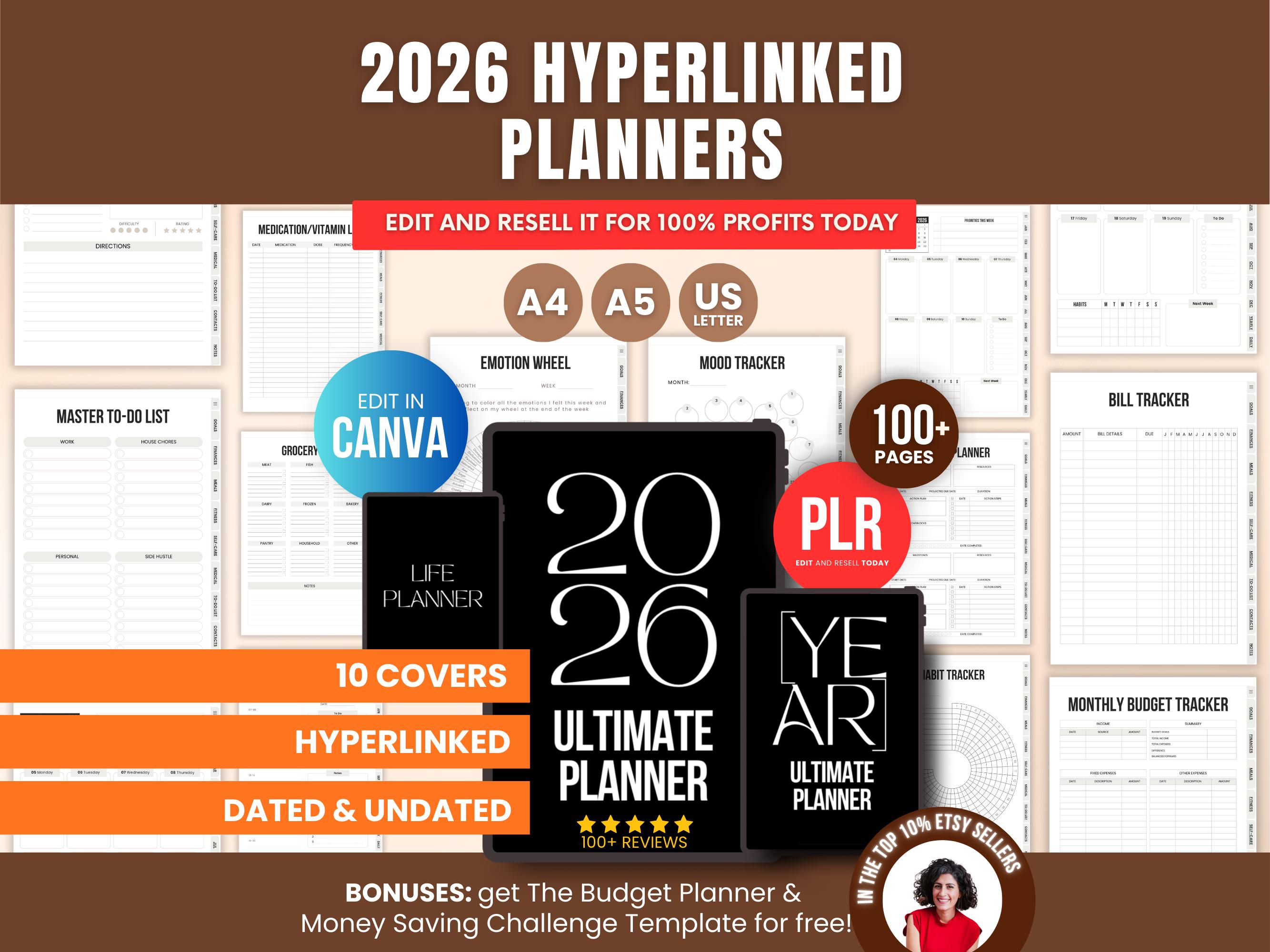 2026 Hyperlinked Digital Planner Bundle PLR, Canva A4 A5 US Letter ...