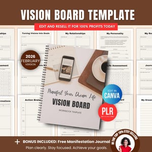 Vision board workbook Canva template with PLR rights, digital manifestation planner for 2026, editable vision board journal pages for Etsy sellers, coaches and entrepreneurs, resellable digital product