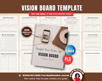 2026 Editable Vision Board Planner PLR Canva Templates, Printable Goal Planning & Manifestation Journal, Digital Planner with Resell Rights