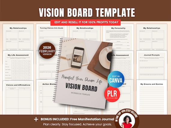 2026 Editable Vision Board Planner PLR Canva Templates, Printable Goal Planning & Manifestation Journal, Digital Planner with Resell Rights
