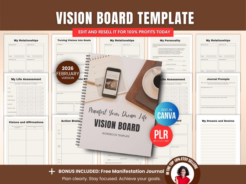 2026 Editable Vision Board Planner PLR Canva Templates, Printable Goal ...
