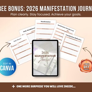 Free bonus manifestation journal included with vision board workbook, editable Canva pages for daily mindfulness, affirmations and visualization, digital planner bonus