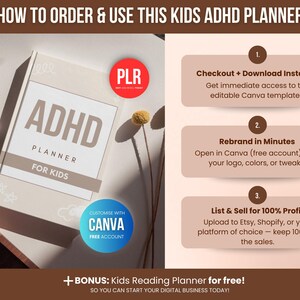 May include: A beige ADHD planner for kids with the text "ADHD PLANNER FOR KIDS" on the cover. The image includes instructions on how to order and use the planner, along with a bonus reading planner.