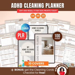 Peut inclure: Planificateur de nettoyage ADHD avec 10 couvertures et 100 pages. Comprend une liste de contrôle de nettoyage en prime. Le planificateur est conçu pour être modifié et revendu. Comprend des tâches quotidiennes et un suivi financier.