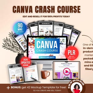 Curso intensivo de Canva con derechos de reventa PLR, videotutorial y ebook editables, guía de capacitación de Canva para principiantes y revendedores, vendedores de Etsy